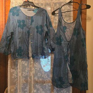 SOLD Gudrun Sjoden Blue Floral Blouse and Vest. Size Large. EUC. $70